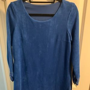 Blue dress, faux suede, sheer layer inside, xs